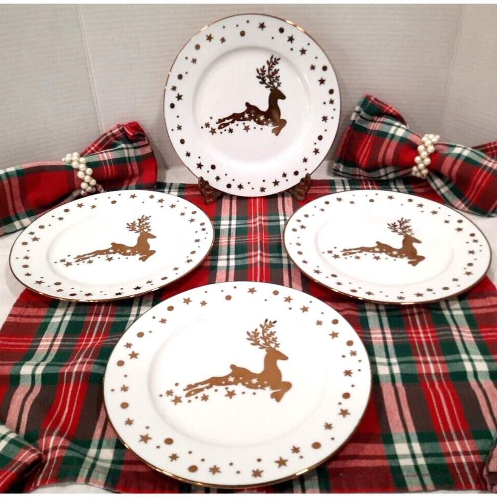 4 St. Nicholas Square Gold Shine Bright Reindeer Salad Dessert Christmas Plates